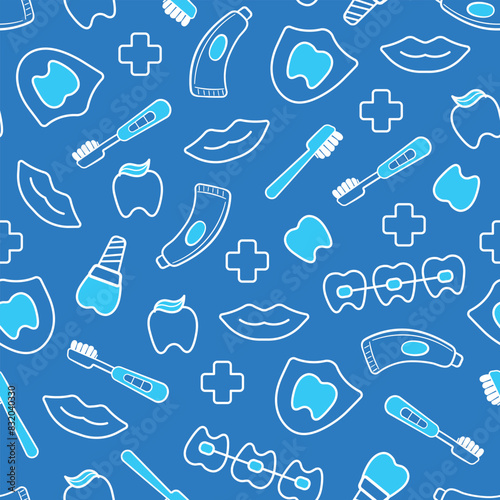 Dental health or dentist and orthodontics seamless pattern on dark blue background