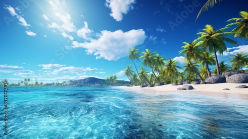 Beautiful tropical ocean with blue sky and palm trees in summer © Nikolay