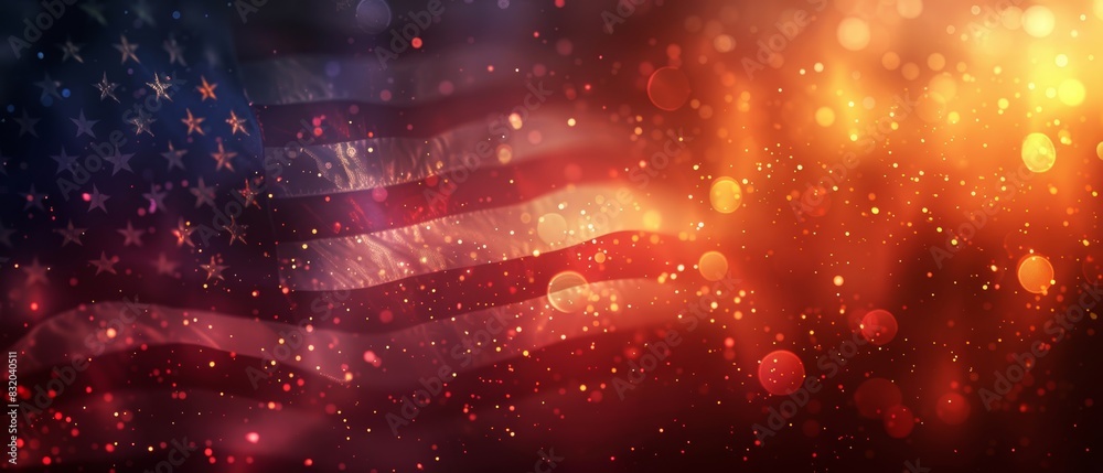 Obraz premium Abstract artistic representation of the American flag with bokeh lights effect, blending patriotic colors in a dreamy, festive background.