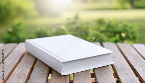 Mock-up of blank white book with hard cover on wooden table, outdoors. Empty template. Close-up.