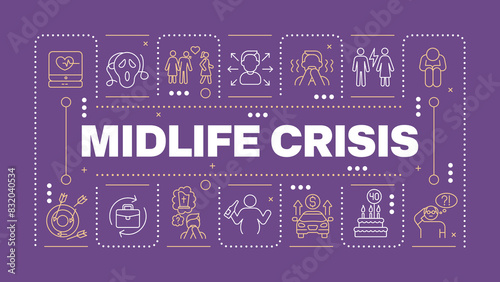 Midlife crisis purple word concept. Self reflection. Health issues. Depression and anxiety. Horizontal vector image. Headline text surrounded by editable outline icons. Hubot Sans font used