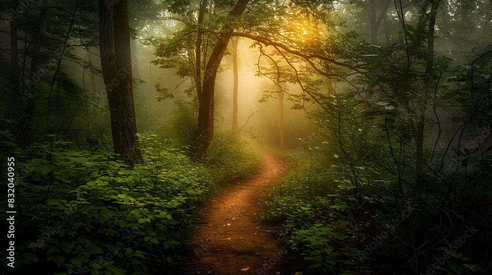 Fototapeta premium Enchanting Misty Forest Path Bathed in Ethereal Sunlight