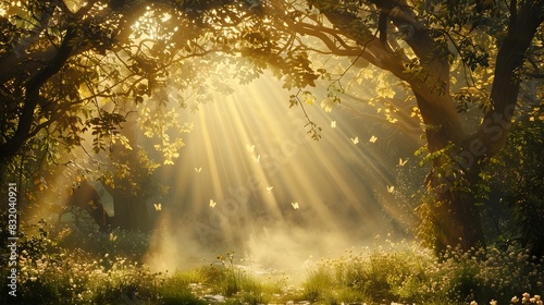 Sunlit Misty Forest Glade w...