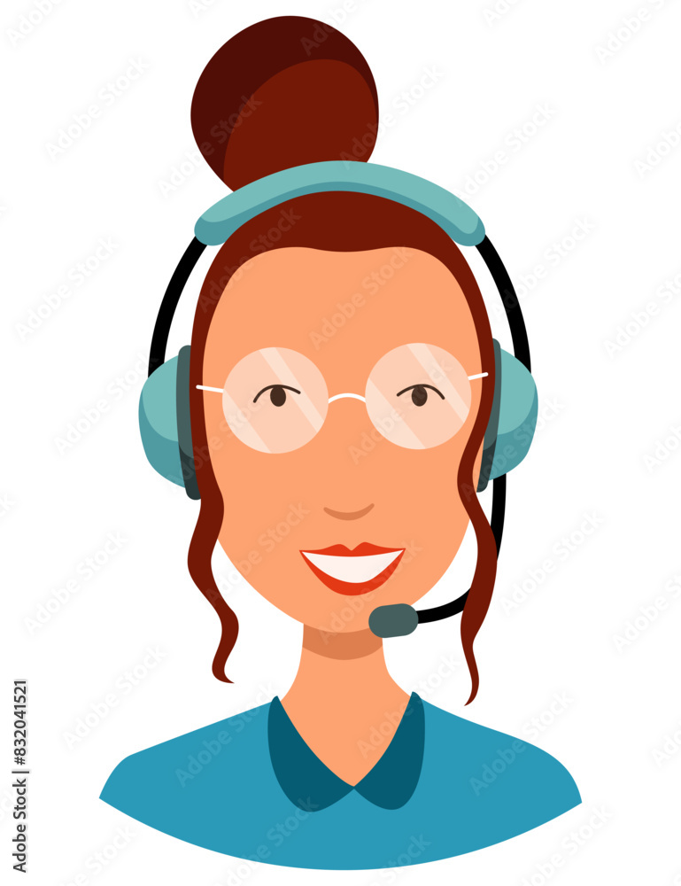 Call center operator avatar with headphone. Online support service assistant. Female customer help manager. Vector illustration of character Call center operator avatar with headphone. Online support service assistant. Female customer help manager. Vector illustration of character