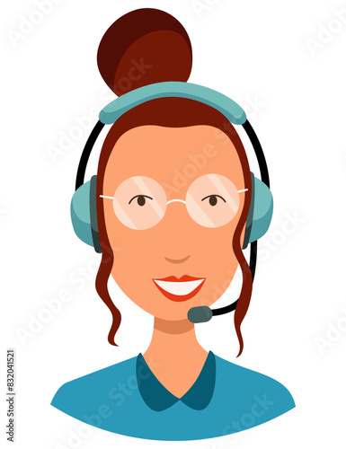 Call center operator avatar with headphone. Online support service assistant. Female customer help manager. Vector illustration of character