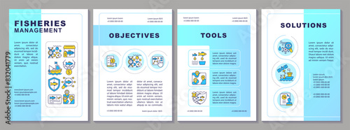 Fisheries management brochure template. Fish harvesting. Leaflet design with linear icons. Editable 4 vector layouts for presentation, annual reports. Arial-Black, Myriad Pro-Regular fonts used