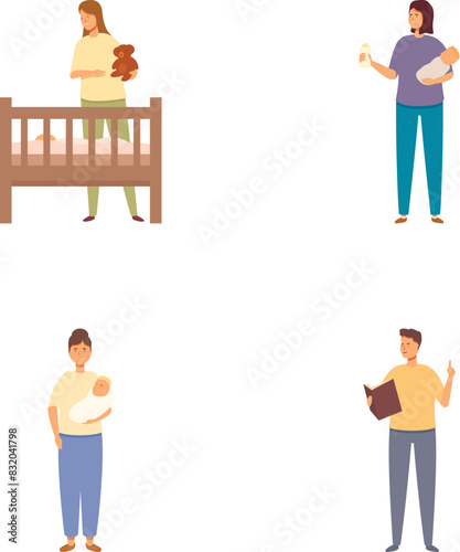Collection of illustrations depicting parents caring for their infants, engaging in everyday activities