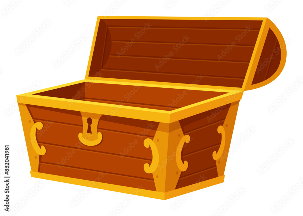 Chest. Game wooden antique box. Empty old wooden chest for gold treasure. Cartoon ancient container for pirates isolated vector icon on white Chest. Game wooden antique box. Empty old wooden chest for gold treasure. Cartoon ancient container for pirates isolated vector icon on white