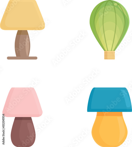 Vector illustration of various lamps and bulbs in a flat design style, isolated on a white background