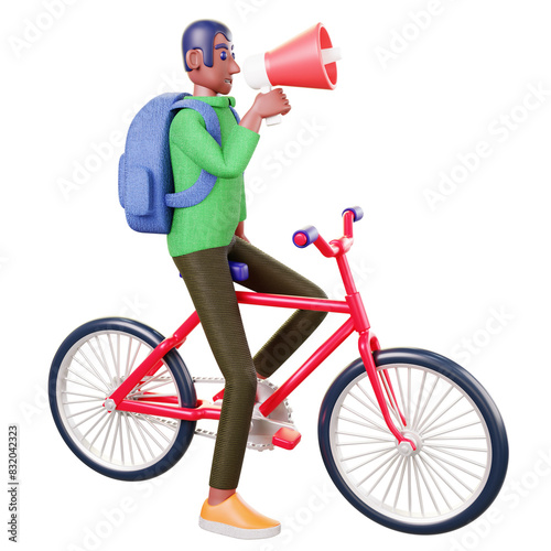 a student with a backpack on with a red bicycle with a megaphone in his hand photo