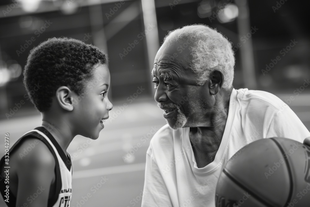 Grandfather and Grandson Bonding on Basketball Court Grandfather and Grandson Bonding on Basketball Court