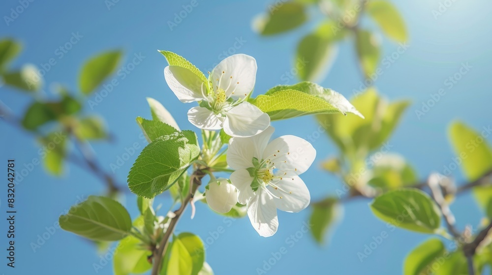 Green Leaves and White Spring Flower on Fruit Tree Branch Against Blue Sky on Sunny Day Green Leaves and White Spring Flower on Fruit Tree Branch Against Blue Sky on Sunny Day