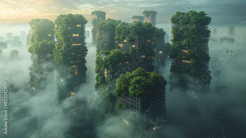 Splendid environmental awareness city with a vertical forest concept of a metropolis covered with green plants. Civil Architecture and Natural biological life combination