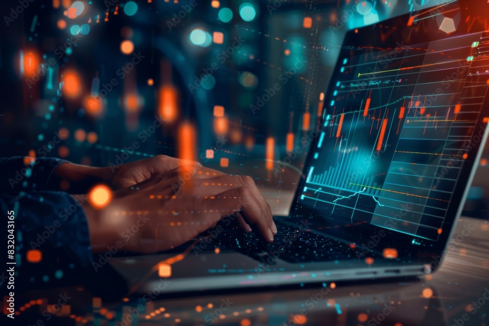 Businessman working on laptop with financial data and a trading graph hologram over a dark background Businessman working on laptop with financial data and a trading graph hologram over a dark background