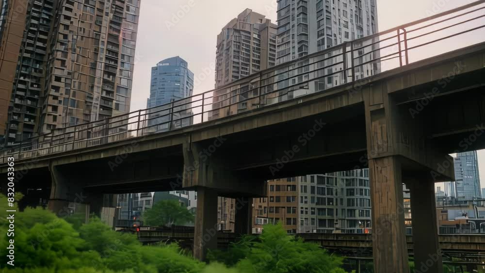 Video animation of urban landscape featuring a multi level bridge in the foreground. Behind the bridge, there’s a cluster of high rise buildings, suggesting a downtown area within a city Video animation of urban landscape featuring a multi level bridge in the foreground. Behind the bridge, there’s a cluster of high rise buildings, suggesting a downtown area within a city