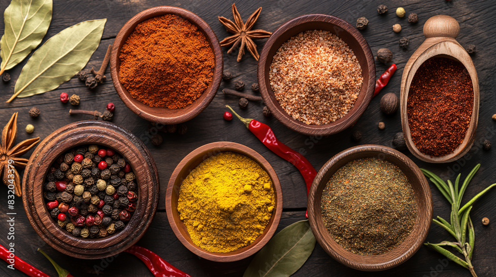 different seasoning spices in wooden bowls and spoons on kitchen table top view different seasoning spices in wooden bowls and spoons on kitchen table top view