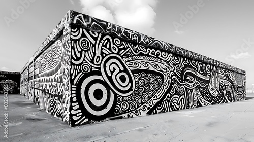 A monochromatic graffiti wall with intricate black and white stencil art