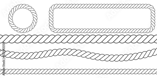 Vector rope isolated on a white background. Rope vector illustration. Straight and wavy rope vector. Swaying black nautical rope border vector For round text frames.