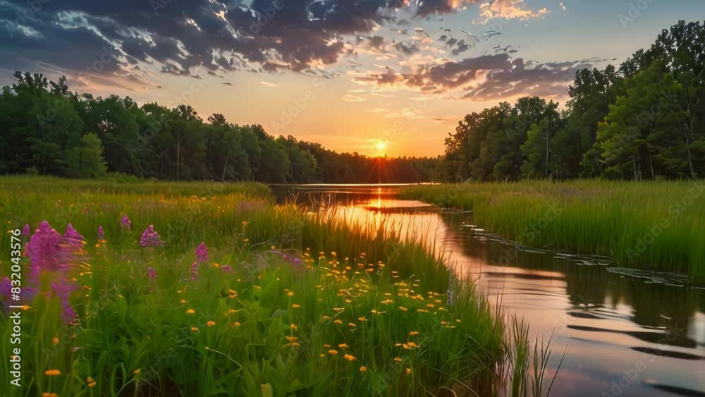 Video animation of natural landscape during sunset. The setting sun casts a warm glow on the sky, which is partly cloudy. A calm river meanders through the scene, reflecting the sunlight