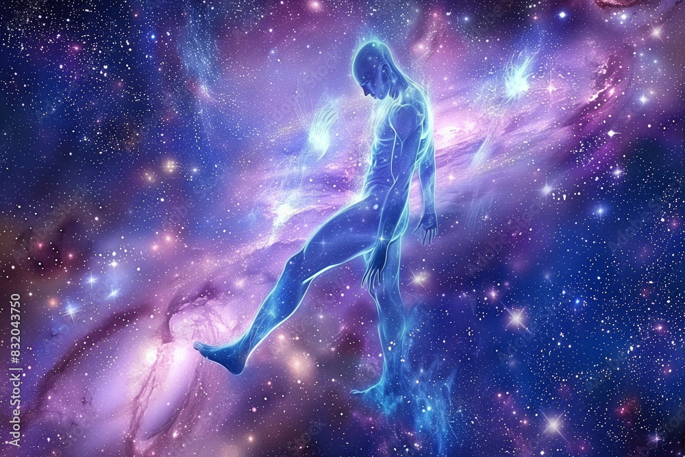 Cosmic realm with a psychedelic image of a cosmic being floating in space, ascending towards a higher evolutionary mind state. A visual journey of self-development and spiritual awakening.