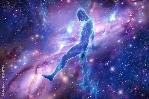 Obraz na płótnie Cosmic realm with a psychedelic image of a cosmic being floating in space, ascending towards a higher evolutionary mind state. A visual journey of self-development and spiritual awakening. w salonie