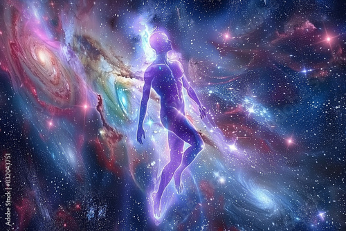 Cosmic realm with a psychedelic image of a cosmic being floating in space, ascending towards a higher evolutionary mind state. A visual journey of self-development and spiritual awakening.