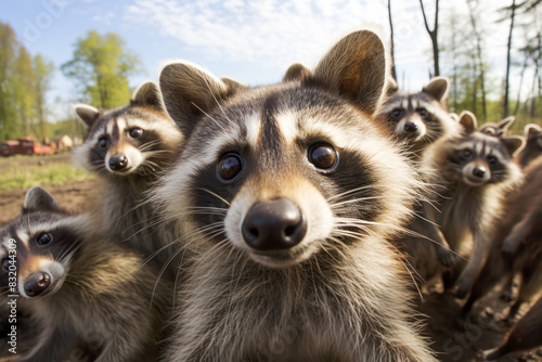 Curious Raccoons in Forest Posing at Camera.  © julijadmi