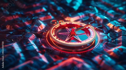 A neon compass guiding digital explorers through a maze of interconnected pathways