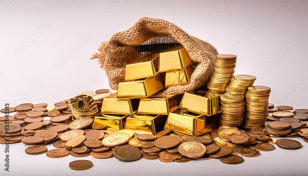 A lot of stacking gold bar 1kg and gold coin and in treasure sack on white background A lot of stacking gold bar 1kg and gold coin and in treasure sack on white background