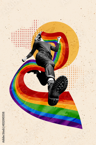 Vertical photo collage of blonde girl faceless run rainbow spread propaganda lgbt symbol transgender rights isolated on painted background