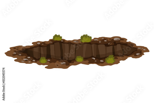 Hole ground. Works digging of sand coal waste rock or gravel. Brown, dry mine element of landscape. Cartoon illustration