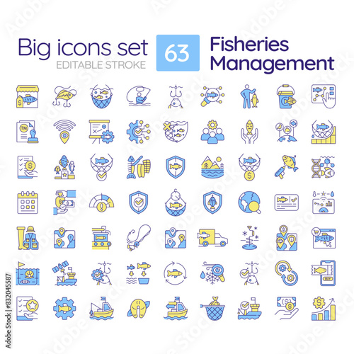 Fisheries management RGB color icons set. Fishery policy, fish harvesting. Aquatic ecosystem, ecology. Isolated vector illustrations. Simple filled line drawings collection. Editable stroke