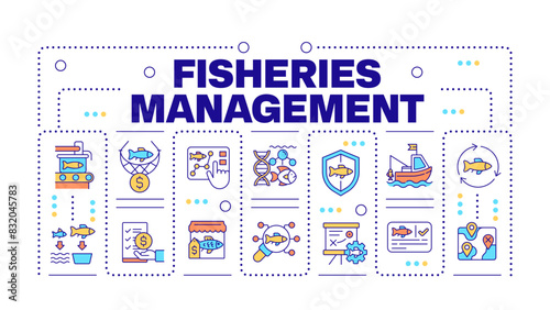 Fisheries management word concept isolated on white. Vessel registry, monitoring. Fishing aquaculture. Creative illustration banner surrounded by editable line colorful icons. Hubot Sans font used