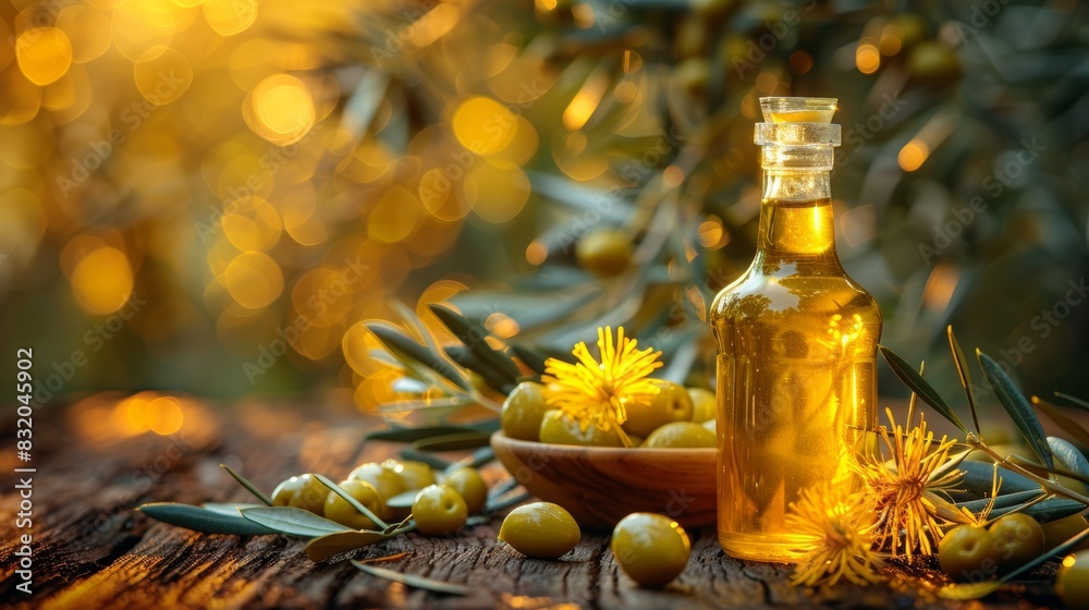 Extra virgin olive oil bottle with olives in a bowl, set against olive trees in the background Extra virgin olive oil bottle with olives in a bowl, set against olive trees in the background