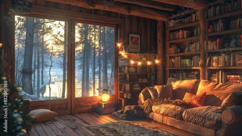 a cozy cabin in the woods with soft lighting and comfortable surroundings  peaceful and serene