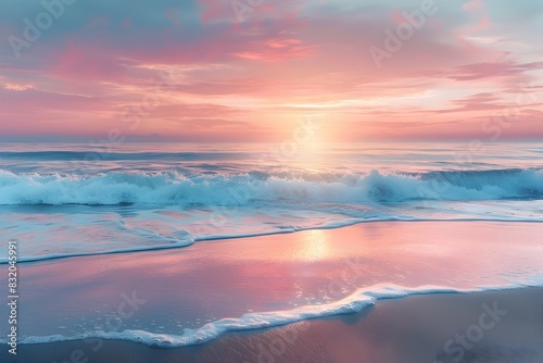 Breathtaking Panoramic View of Serene Ocean Sunrise with Pastel Hues and Tranquil Waves