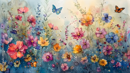 Wallpaper Mural Blooming Spring Meadow with Butterflies in Vibrant Watercolor Painting Torontodigital.ca