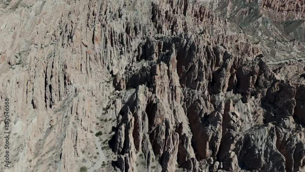 Sharp geological formations in the Quebrada de las Flechas, in the desert of Salta, Argentina.