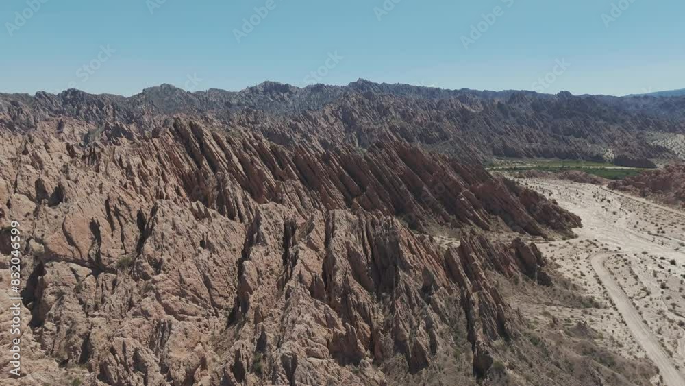 Bird's eye view of the Quebrada de las Flechas with its rock formations resembling arrowheads. In Argentina.