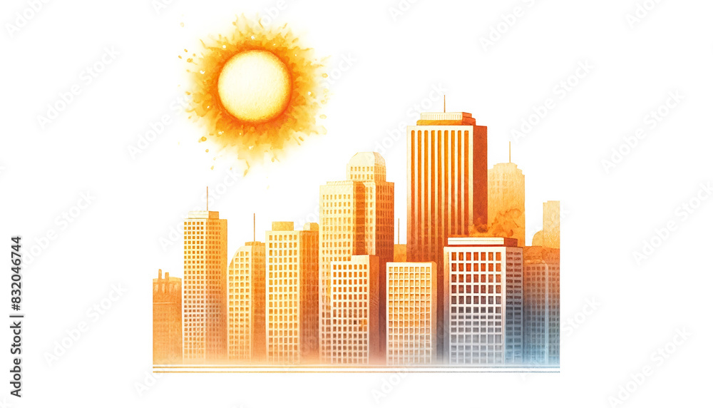 Fototapeta premium Vibrant illustration of a sun-drenched urban skyline, symbolizing city summer heatwaves and the concept of urbanization, ideal for environmental and seasonal themes