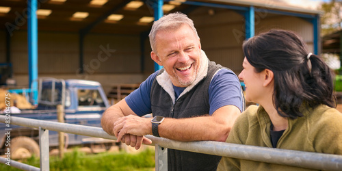 Male And Female Farm Workers Talking In Yard By Fence
