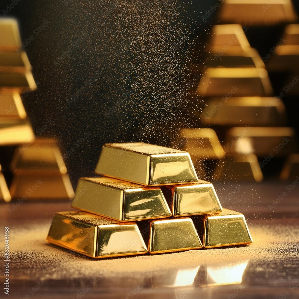 Pile of gleaming gold bars set against Pile of gleaming gold bars set against