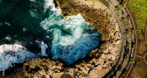 Above View Of Devil's Tears Rocky Cove Beach In Nusa Lembongan, Bali Indonesia. Aerial Shot photo