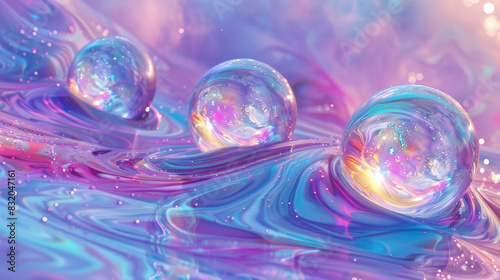 Several soap bubbles float on the surface of the water, reflecting light and creating a shimmering effect photo