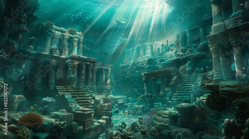 Majestic ruins of an ancient underwater civilization nestled among vibrant coral reefs and illuminated by shafts of sunlight filtering through the water.