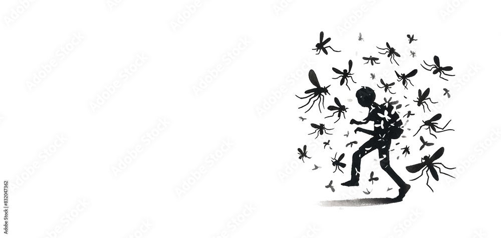 Silhouetted individual swarmed by mosquitoes, depicting common summer pest problems, ideal for health and outdoor activity concepts