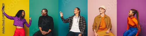 Obraz na plátne Group of young adults posing in colorful studio with vibrant backdrops