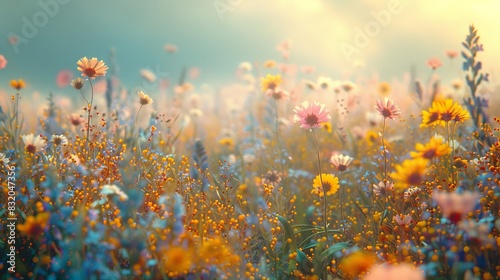 a field of wildflowers gently swaying in the breeze  soft focus and natural colors