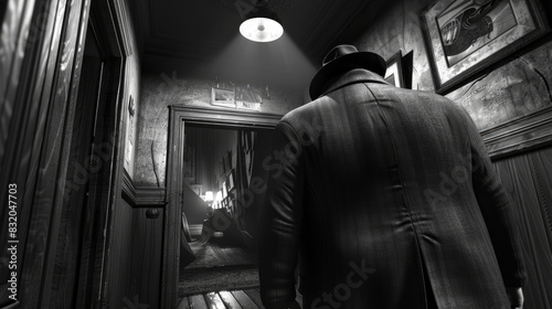 A man dressed in a suit and hat walking confidently down a hallway