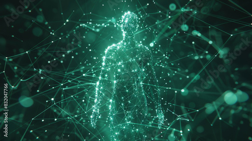 A digital human figure composed of glowing interconnected nodes and lines, set against a dark background with various abstract geometric shapes.